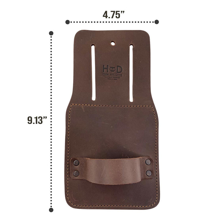 Specifications image featuring Hide & Drink's Hammer Holster dimensions. This Hammer Holster for Belt is a crafted accessory from durable full grain leather, highlighting its practicality and artisan quality, including small batch production techniques that ensure excellent craftsmanship.