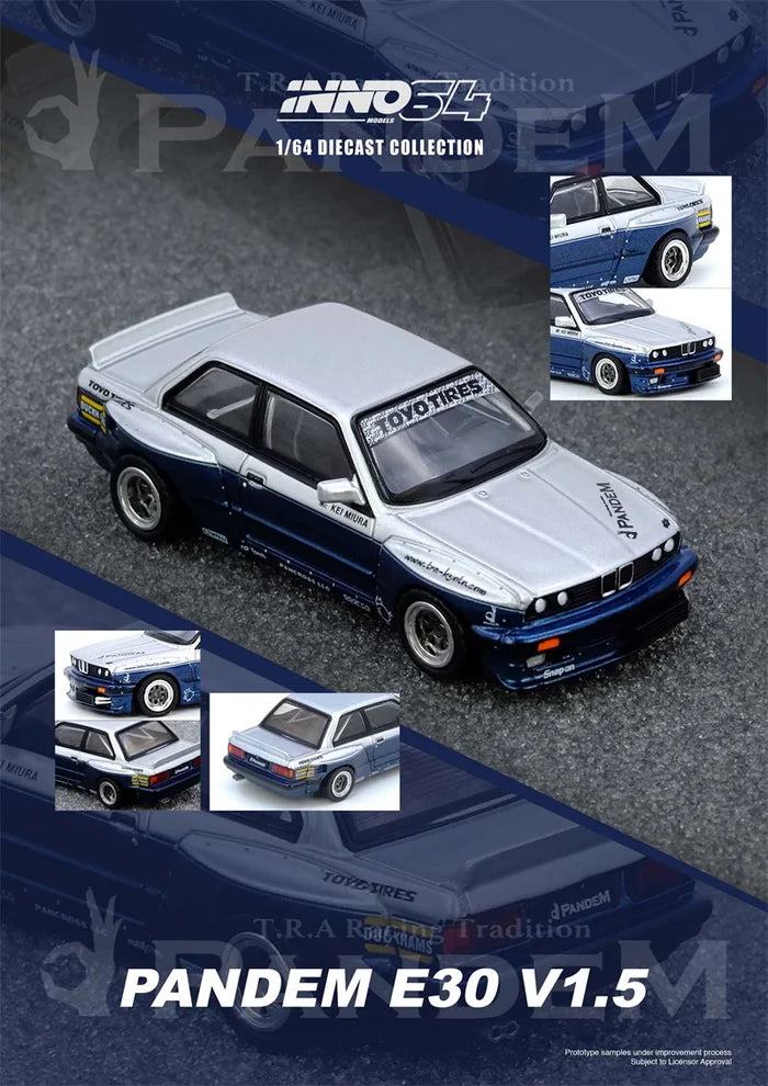 INNO 1:64 PANDEM E30 M3 Silver Blue Die-Cast Car Model Miniature Gifts
