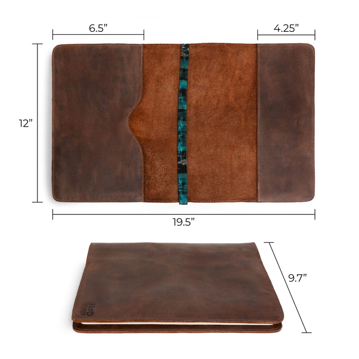Dimensions of the Journal Cover for (8.5 x 11 in.) Moleskine Cahier XXL presented by Hide & Drink, illustrating its size and structured design. This genuine protector is a staple for any writer who loves artisan quality, made with full grain leather through small batch production, hand cut, hand sewn, and fire branded, proudly crafted in La Antigua Guatemala & Oaxaca Mexico.