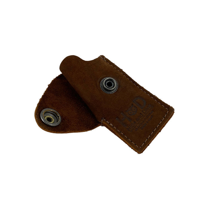 Open view of the Hide & Drink Lighter Protective Case revealing its interior and rich full grain leather texture, perfect for everyday use. Handmade in La Antigua Guatemala & Oaxaca Mexico by skilled artisans. Keywords: Lighter Protective Case, Full Grain Leather, Artisan.