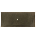 The Long Utility Pouch by Hide & Drink in green leather, showcasing its unique look and craftsmanship. Perfect for stylishly storing cash, coins, and cards.