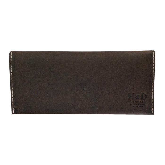 Back view of the brown Long Utility Pouch by Hide & Drink, showcasing its fine craftsmanship and durable leather material. An essential wallet for everyday organization.