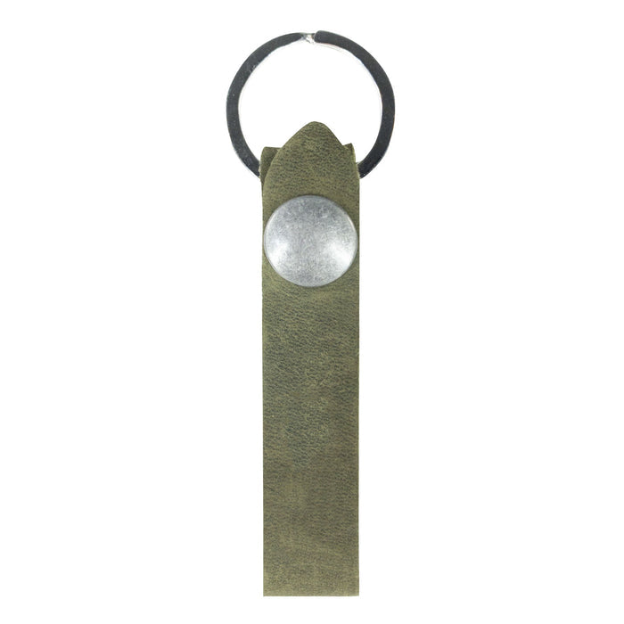 Hide & Drink Loop Keychain showcasing a functional yet stylish olive green strap for keys. This rustic keychain with belt loop is made by skilled artisans in La Antigua Guatemala & Oaxaca Mexico, reflecting their artistry.