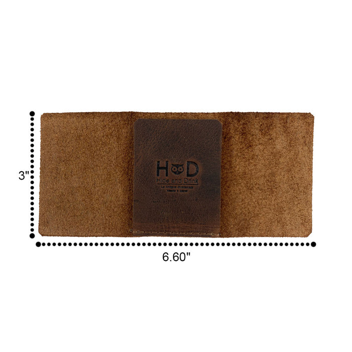 Dimensions of the Hide & Drink Minimalist Wallet Bills Only, emphasizing its Ultra Minimalist design in Full Grain Leather. This cash organizer is not just functional, but also a piece of artisan craftsmanship, showcasing hand cut and hand sewn features from small batch production.