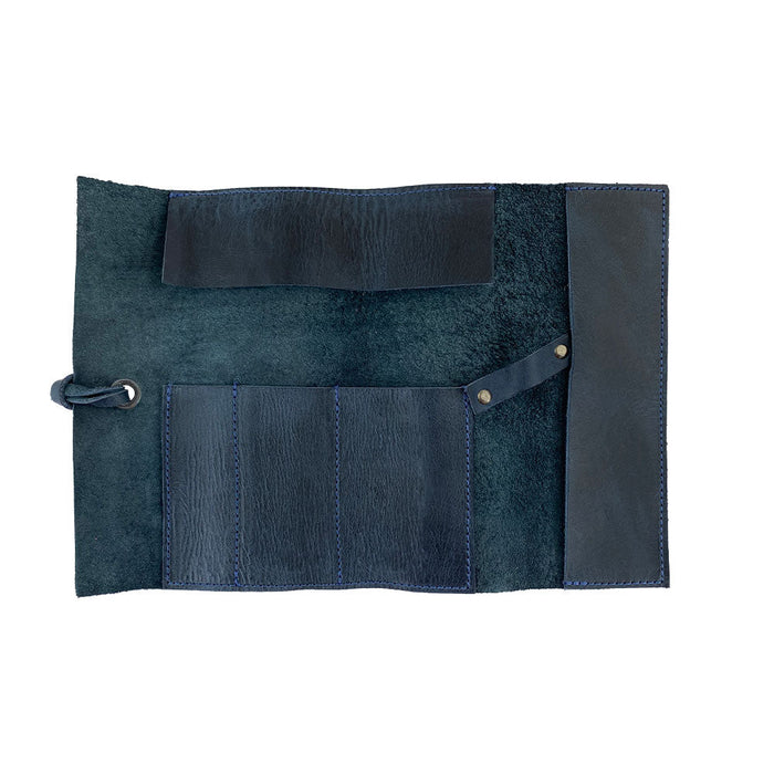 Hide & Drink Multi Purpose Pencil Roll demonstrated in a versatile open position, showcasing its usability for various crafting tools. This beautifully crafted organizer represents the quality artisan work endemic to Hide & Drink's brand.