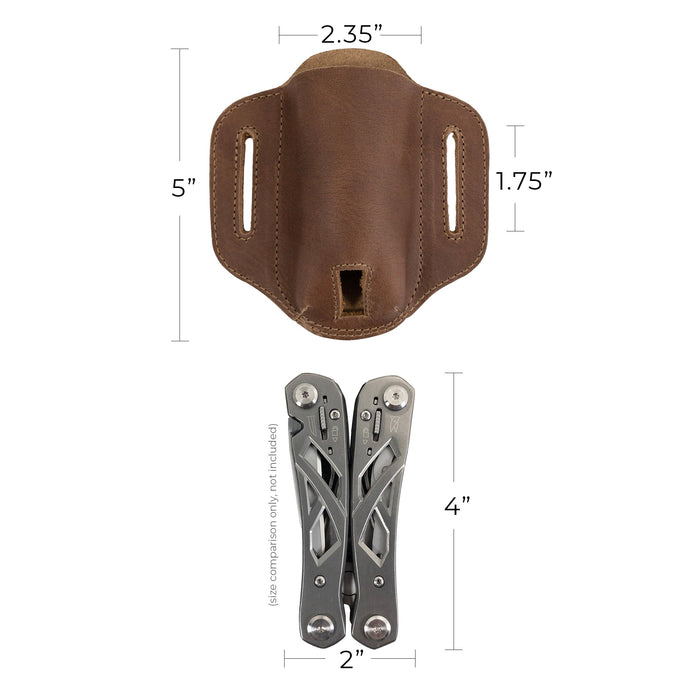 Size comparison of the brown Multitool Belt Sheath from Hide & Drink alongside a multitool. This functional multi-tool holder for belt highlights durable construction from full grain leather, designed for outdoor adventures.