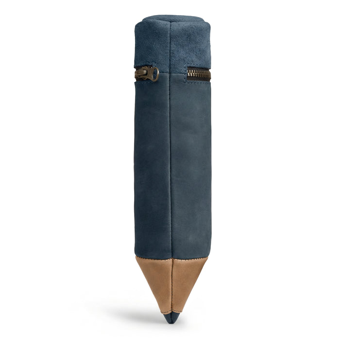 Side view of the Pencil-Shaped Case from Hide & Play, ideal for pens, pencils, markers, and office accessories. This zippered bag features durable full grain leather construction, with artisan touches from small batch production, hand cut, hand sewn, and fire branded finishes. Handmade in La Antigua Guatemala.