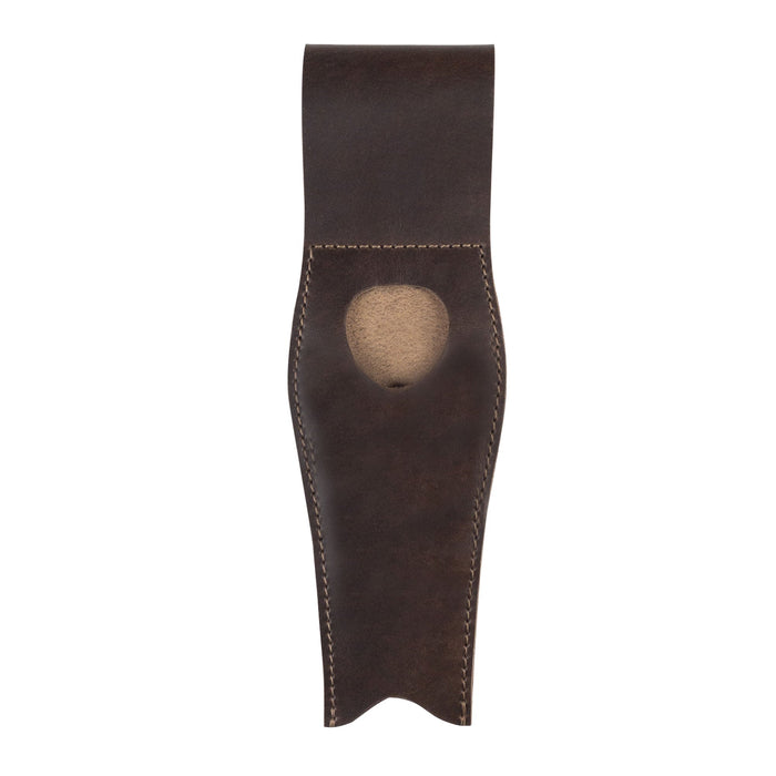 Back view of the La Antigua Pipe Case featuring a simple yet robust design. This rustic pipe holder with a belt loop is crafted from full grain leather, exemplifying the quality and care put into its handmade design in La Antigua, Guatemala, serving as a functional travel accessory.