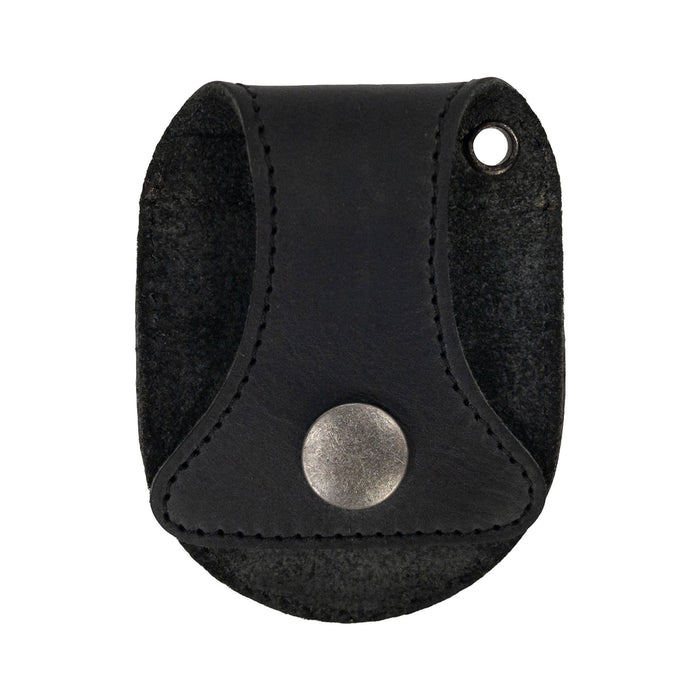 Hide & Drink Pocket Watch Holder and Case with an elegant closure in black leather, demonstrating its functional craftsmanship. This pocket watch case serves as a rustic protector holder for timepieces, featuring full grain leather, artisan quality, hand cut, and hand sewn details, crafted in La Antigua Guatemala & Oaxaca Mexico.
