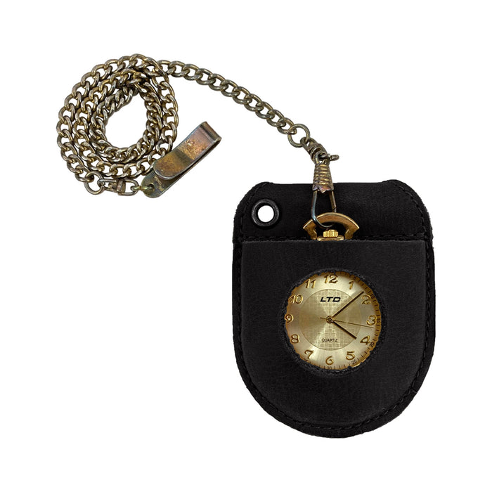 Hide & Drink Pocket Watch Holder and Case on a belt, demonstrating its versatility and convenience. This pocket watch case functions as a rustic protector holder crafted from full grain leather, embodying artisan quality with small batch production, hand cut, and hand sewn details. Handmade in La Antigua Guatemala & Oaxaca Mexico.