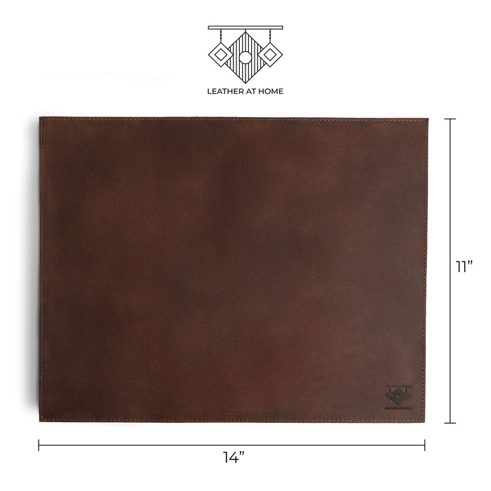 Rectangular Place Mat from Leather At Home, measuring 14 by 11 inches. This genuine placemat is part of the 4 pack collection made of full grain leather, showcasing the artisan touch of being hand cut and hand sewn in La Antigua Guatemala & Oaxaca Mexico.