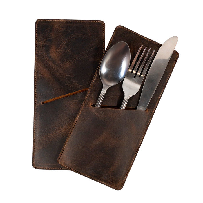 Close-up of the exquisite Set of 2 Rectangular Sleeves for Cutlery by Cast Leather Co., showcasing full grain leather and precision stitching. These silverware holders are perfect for keeping your flatware organized, representing artisanal, handmade craftsmanship in every detail made in La Antigua Guatemala & Oaxaca Mexico.