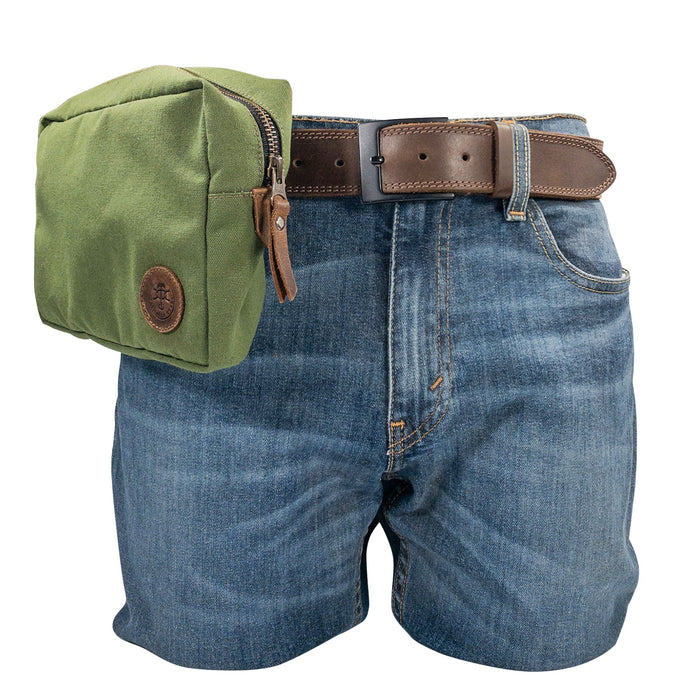 Rectangular Utility Bag for Camping by Valhalla Gear attached to a belt, demonstrating versatility and ease of use, made from water-resistant canvas and full grain leather in small batch production in La Antigua Guatemala.