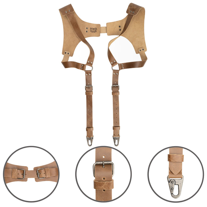 Details of tan Renaissance Suspenders by Hide & Drink with features highlighted. These full grain leather suspenders serve as a back support harness for men, ideal for stylish groomsmen.