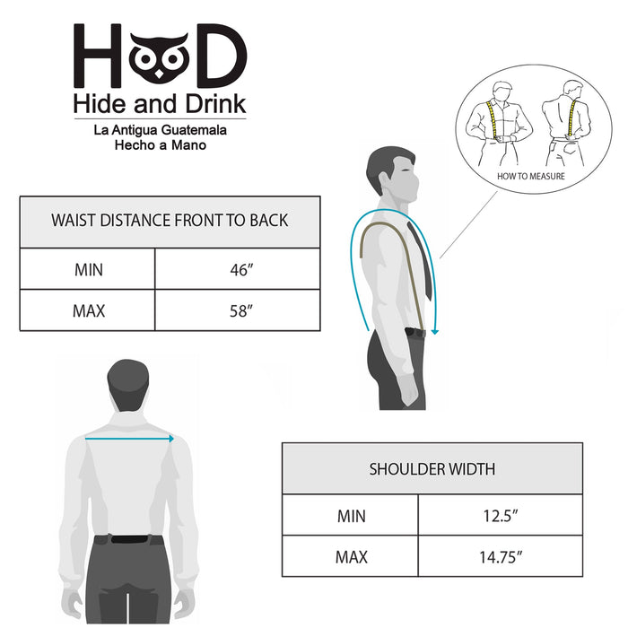 Measurement guide for tan Renaissance Suspenders by Hide & Drink, ensuring the perfect fit for groomsmen. These back support harness for men are artisan crafted, combining style and function.