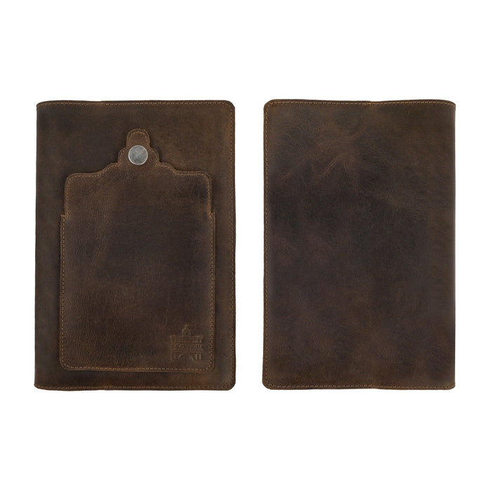 Front and back view of the Rustic Journal Cover for Hardcover A5 Notebook by La Antigua, showcasing its sleek, artisanal design. This durable protective case for the Hardcover Leuchtturm A5 (5.75 x 8.25 in.) Notebook is handcrafted from full grain leather, providing a perfect blend of style and function. Ideal for those seeking an essential writing accessory with a personal touch.