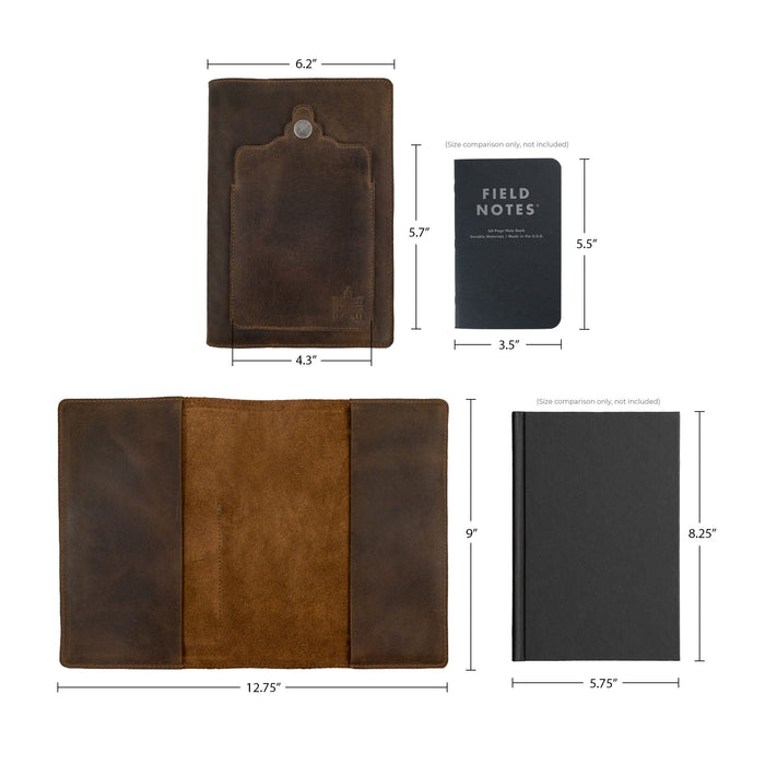 Rustic Journal Cover for Hardcover A5 Notebook by La Antigua, complete with branding tag and product details. This full grain leather case for the Hardcover Leuchtturm A5 (5.75 x 8.25 in.) Notebook is designed for functionality and style, showcasing the artisan craftsmanship from La Antigua Guatemala. It's an ideal writing accessory, perfect as a gift for any aspiring writer.