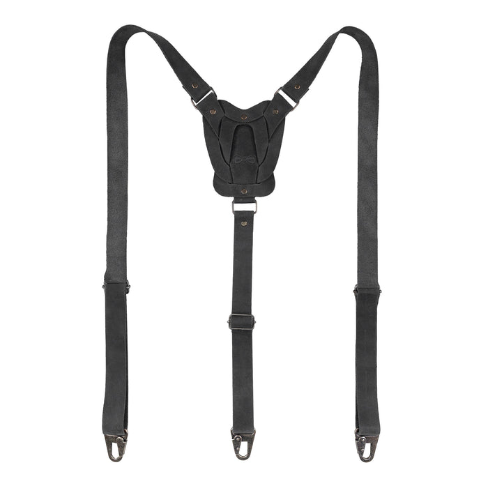 Rustic Suspenders with Adjustable Size Straps for Men in black by Hide & Groom, crafted from Full Grain Leather. Ideal for weddings and Steampunk style, these suspenders highlight the artisan craftsmanship and small batch production.