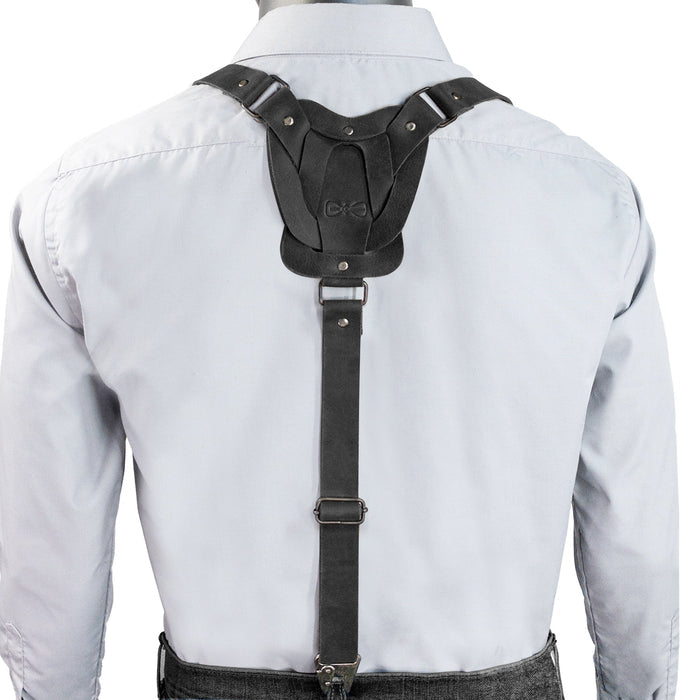Back view of black Rustic Suspenders with Adjustable Size Straps for Men from Hide & Groom, designed for style and functionality using Full Grain Leather. Perfect for special occasions like weddings and Steampunk events with artisan craftsmanship.