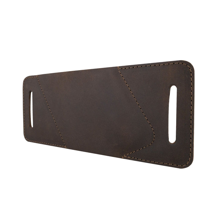 Close-up of the Rustic Waist Holster for Apple iPhone 14 Pro Max by Hide & Drink, emphasizing its rich texture and craftsmanship. This Full Grain Leather Waist Holster for Apple iPhone 14 Pro Max is hand sewn, beautifully showcasing its small batch production made in La Antigua Guatemala & Oaxaca Mexico.