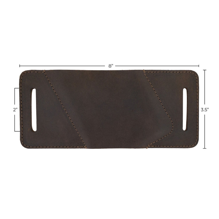 Measuring dimensions of the Rustic Waist Holster for Apple iPhone 14 Pro Max by Hide & Drink. This Full Grain Leather Waist Holster provides a perfect fit for Apple iPhone 14 Pro Max, featuring hand cut and sewn craftsmanship from small batch production in La Antigua Guatemala & Oaxaca Mexico.