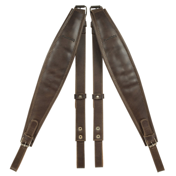 Close-up view of the Set of 2 Adjustable Padded Straps for Accordion by tocame, emphasizing the durable full grain leather and adjustable features for personalized fit. A great addition for any accordion player. StockyardX, Small Batch Production, Hand Cut, Hand Sewn, Fire Branded, Artisan, Handmade in La Antigua Guatemala & Oaxaca Mexico.