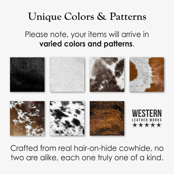 A selection of unique hair-on-hide leather swatches showcases the distinct patterns available in the Western Leather Works collection, emphasizing the artisan features of the Set of 6 Circular Coasters for Drinks. These coasters promote Glass & Cups Stain Protection with Full Grain Leather, crafted through small batch production methods, hand cut, hand sewn, and fire branded, all proudly made in La Antigua Guatemala & Oaxaca Mexico.