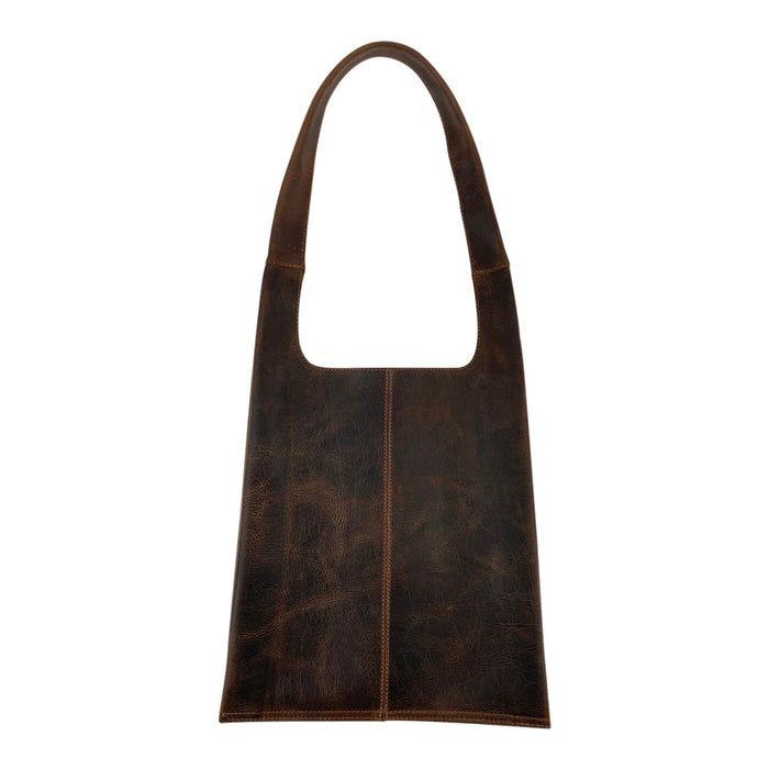 Front view of a Shoulder Bag for Laptop by Hide & Drink showcasing a sleek design in full grain leather, perfect for carrying a 13-inch MacBook Air/Pro. This messenger bag combines style with functionality, ideal for travel. Artisan handcrafted in La Antigua Guatemala.