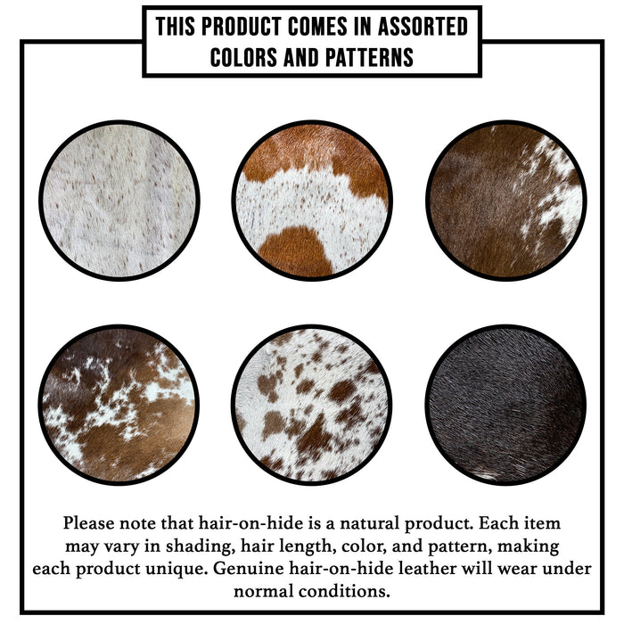 Close-up of various unique hair-on-hide leather patterns by Western Leather Works. Discover the individuality of Spur Straps (2 Pack), ideal for horse rides and equestrian accessories, reflecting artisanal quality and full grain leather.