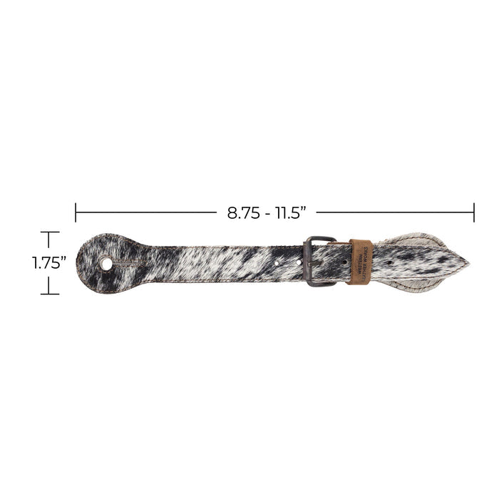 Detailed image showing the dimensions of spur strap by Western Leather Works. Perfect for horse rides, this Spur Straps (2 Pack) is crafted from quality hair-on-hide leather, demonstrating the brand’s dedication to artisan, handmade products.
