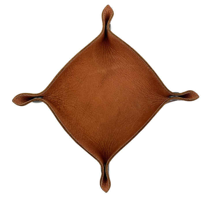 A top view of the Squared Catchall by Leather At Home reveals its unique design and craftsmanship. This handmade tray is perfect for organizing essentials, showcasing quality materials and artisanal skills from La Antigua Guatemala and Oaxaca Mexico.