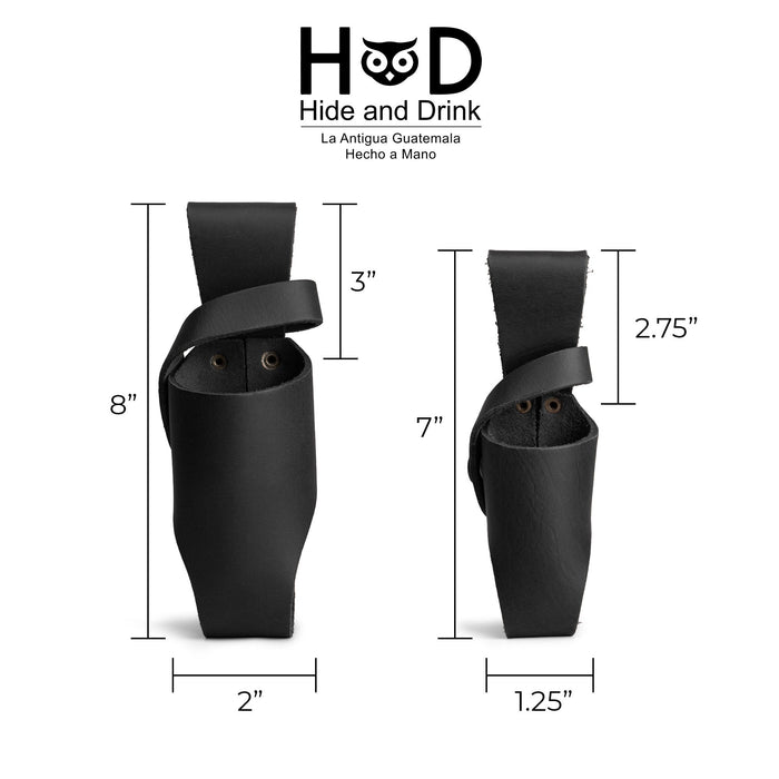 Hide & Drink Tabasco Holsters (2pk) illustrating elegantly crafted holders for 5oz and 2oz hot sauce bottles. Perfect for Tabasco and Cholulah sauces, these full grain leather items highlight the artisan process and small batch production from La Antigua Guatemala & Oaxaca Mexico.