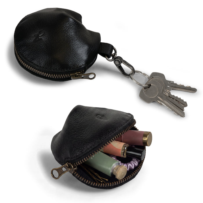 Austin Genuine The Bouldin Fortune Cookie Pouch in black Full Grain Leather shown with keys and open to reveal small essentials; StockyardX Small Batch Production, Hand Cut, Hand Sewn, Fire Branded, Artisan, Handmade in La Antigua Guatemala & Oaxaca Mexico.