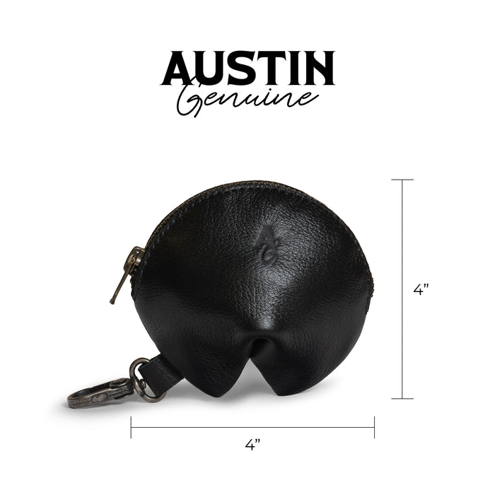 Austin Genuine The Bouldin Fortune Cookie Pouch in black Full Grain Leather with a dimension graphic showing approximately 4-inch measurements; StockyardX Small Batch Production, Hand Cut, Hand Sewn, Fire Branded, Artisan, Handmade in La Antigua Guatemala & Oaxaca Mexico.