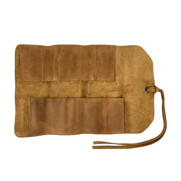 Hide & Drink Tool Roll introduces a stylish small tool roll-up bag with 10 slots, featuring a high-quality full grain leather design. This portable carry-on pouch serves as an ideal woodworking tools organizer, making it a great addition to your workshop storage. Proudly handcrafted in La Antigua Guatemala & Oaxaca Mexico, emphasizing artisan quality.