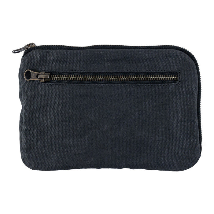 Exterior view of Hide & Drink's dark brown Zipper Gear Pouch demonstrating its sleek design and utility as a travel accessory, crafted from water resistant waxed canvas.