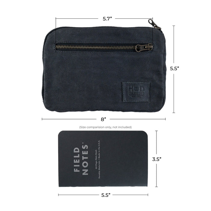 Size overview of Hide & Drink's Zipper Gear Pouch with dimensions for reference, emphasizing its compactness and practicality while made from water resistant waxed canvas.