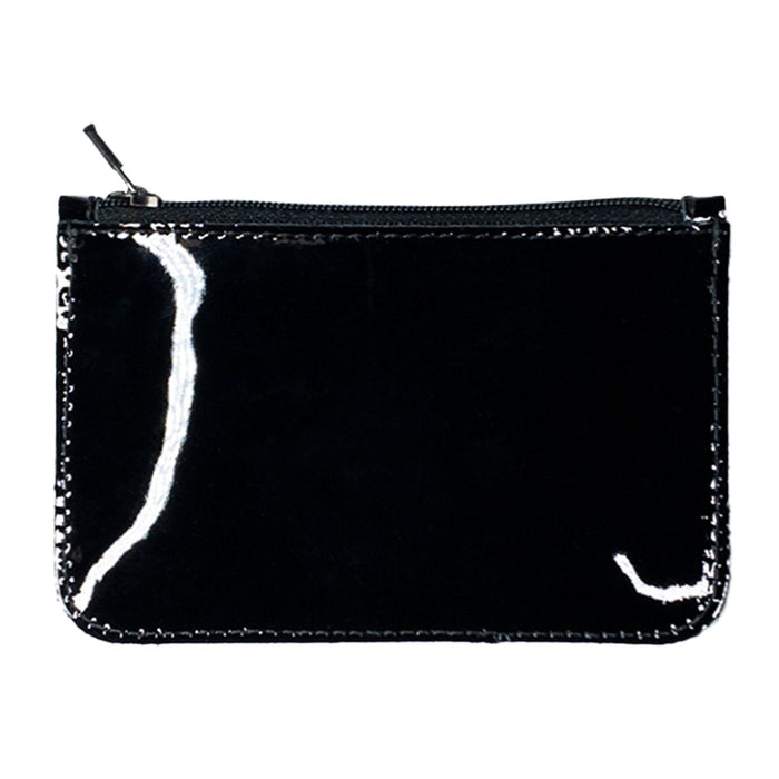 Back view of Hide & Drink Zippered Wallet in glossy black, emphasizing its compact design suitable as a card case and coin organizer. This zippered wallet is handcrafted from full grain leather in small batch production, highlighting artisan techniques from La Antigua Guatemala & Oaxaca Mexico.